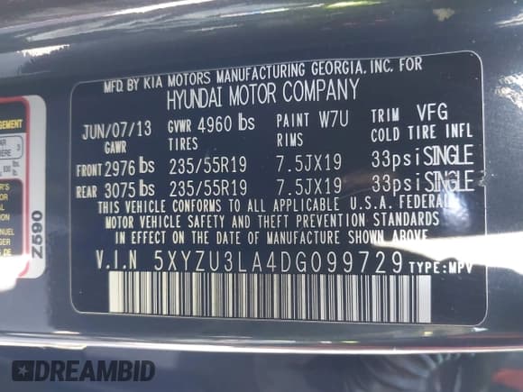 ✅ 2013 Hyundai Santa Fe Sport • VIN: 5XYZU3LA4DG099729 • Lot: 43463958. Listed on IAAI with 164,931 mi. Free auction sales archive from the USA and detailed vehicle history report at DreamBid. Image 9.