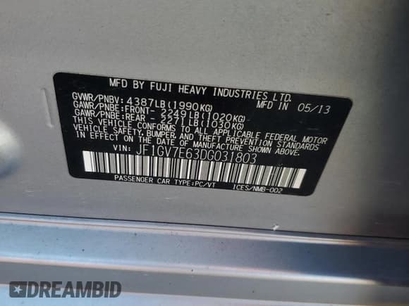 ✅ 2013 Subaru WRX WRX • VIN: JF1GV7E63DG031803 • Lot: 80299175. Listed on Copart with 101,777 mi. Free auction sales archive from the USA and detailed vehicle history report at DreamBid. Image 12.