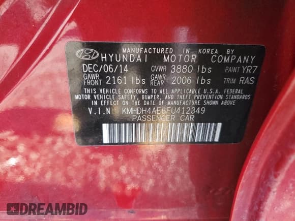 ✅ 2015 Hyundai Elantra SE • VIN: KMHDH4AE6FU412349 • Lot: 86194895. Listed on Copart with 116,149 mi. Free auction sales archive from the USA and detailed vehicle history report at DreamBid. Image 13.