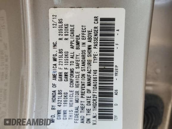 ✅ 2013 Honda Accord EX • VIN: 1HGCR2F71DA086746 • Lot: 58902515. Listed on Copart with 150,074 mi. Free auction sales archive from the USA and detailed vehicle history report at DreamBid. Image 12.