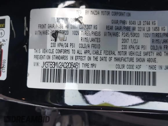 ✅ 2010 Mazda CX-9 Touring • VIN: JM3TB3MV2A0206461 • Лот: 41656913. Опубликован ранее на IAAI с пробегом 169 706 миль. Бесплатный доступ к архиву аукционных продаж из США и подробный отчёт об истории автомобиля на DreamBid. Изображение 9.