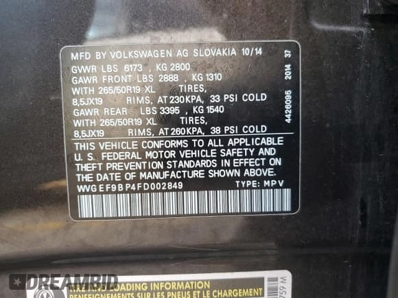 ✅ 2015 Volkswagen Touareg Sport • VIN: WVGEF9BP4FD002849 • Лот: 91859005. Опубликован ранее на Copart с пробегом Не указан. Бесплатный доступ к архиву аукционных продаж из США и подробный отчёт об истории автомобиля на DreamBid. Изображение 13.