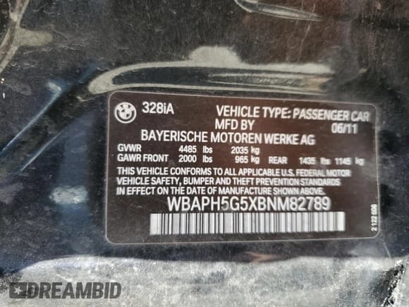 ✅ 2011 BMW 3 Series 328i • VIN: WBAPH5G5XBNM82789 • Lot: 56939915. Listed on Copart with 146,907 mi. Free auction sales archive from the USA and detailed vehicle history report at DreamBid. Image 12.