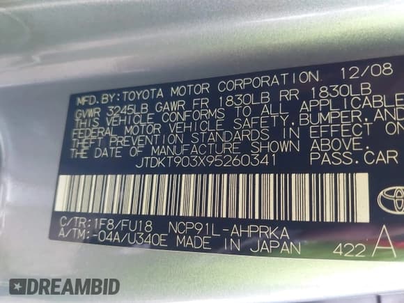 ✅ 2009 Toyota Yaris • VIN: JTDKT903X95260341 • Lot: 43339311. Listed on IAAI with 160,988 mi. Free auction sales archive from the USA and detailed vehicle history report at DreamBid. Image 9.