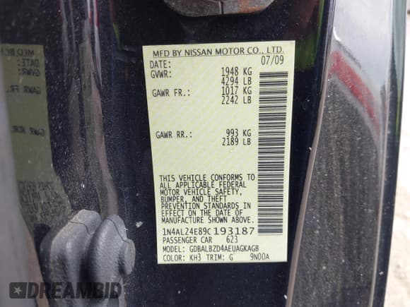 ✅ 2009 Nissan Altima S • VIN: 1N4AL24E89C193187 • Lot: 43004174. Listed on IAAI with 398,361 mi. Free auction sales archive from the USA and detailed vehicle history report at DreamBid. Image 9.