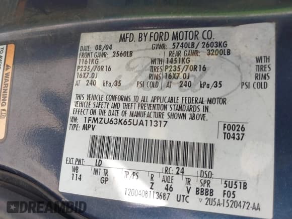 ✅ 2005 Ford Explorer XLT • VIN: 1FMZU63K65UA11317 • Lot: 42603292. Listed on IAAI with 218,625 mi. Free auction sales archive from the USA and detailed vehicle history report at DreamBid. Image 9.