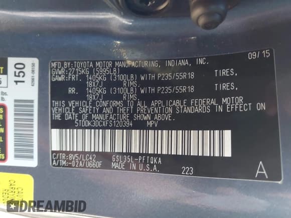 ✅ 2015 Toyota Sienna XLE • VIN: 5TDDK3DCXFS120394 • Lot: 43794858. Listed on IAAI with 164,847 mi. Free auction sales archive from the USA and detailed vehicle history report at DreamBid. Image 9.