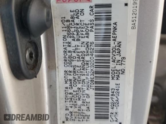 ✅ 2002 Toyota Camry LE • VIN: JTDBE32K920046276 • Lot: 91206615. Wystawiony na Copart z przebiegiem 108 294 mil. Bezpłatny archiwum sprzedaży aukcyjnych z USA i szczegółowy raport historii pojazdu na DreamBid. Zdjęcie 12.