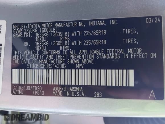 ✅ 2024 Toyota Highlander Hybrid XLE • VIN: 5TDKBRCH3RS143382 • Lot: 41691088. Wystawiony na IAAI z przebiegiem 62 043 mil. Bezpłatny archiwum sprzedaży aukcyjnych z USA i szczegółowy raport historii pojazdu na DreamBid. Zdjęcie 9.