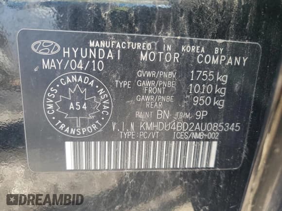 ✅ 2010 Hyundai Elantra GL • VIN: KMHDU4BD2AU085345 • Lot: 66865165. Listed on Copart with 443,966 mi. Free auction sales archive from the USA and detailed vehicle history report at DreamBid. Image 13.