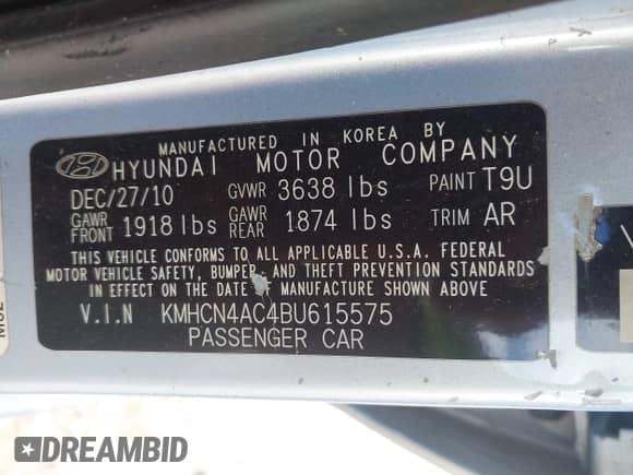 2011 Hyundai Accent GLS with VIN KMHCN4AC4BU615575, listed as a IAAI auction lot 43344413 with 222,302 mi miles and . Bid and sale history available at DreamBid. Image 9.