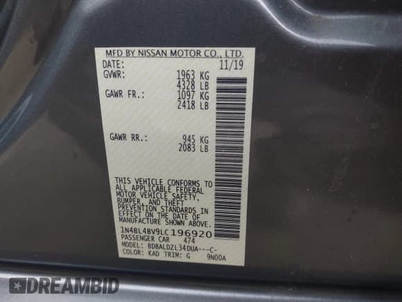 ✅ 2020 Nissan Altima S • VIN: 1N4BL4BV9LC196920 • Lot: 43648301. Listed on IAAI with 110,185 mi. Free auction sales archive from the USA and detailed vehicle history report at DreamBid. Image 9.