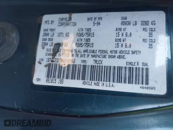 1994 Dodge Dakota z VIN 1B7GL23X6RW142082, wystawiony jako IAAI lot #41837256 z przebiegiem 179 165 mil mil oraz . Historia ofert i sprzedaży dostępna na DreamBid. Obrazek 9.