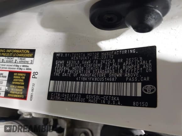 ✅ 2012 Toyota Camry SE • VIN: 4T1BK1FK8CU514687 • Lot: 42900227. Listed on IAAI with 159,511 mi. Free auction sales archive from the USA and detailed vehicle history report at DreamBid. Image 9.