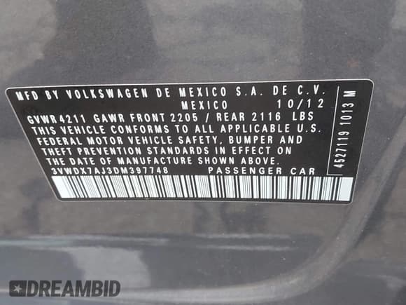 ✅ 2013 Volkswagen Jetta SE • VIN: 3VWDX7AJ3DM397748 • Lot: 42283421. Listed on IAAI with 195,928 mi. Free auction sales archive from the USA and detailed vehicle history report at DreamBid. Image 9.