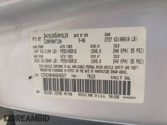 2006 Dodge Dakota SLT with VIN 1D7HE48N46S646527, listed as a IAAI auction lot 42680779 with 191,935 mi miles and . Bid and sale history available at DreamBid. Image 9.