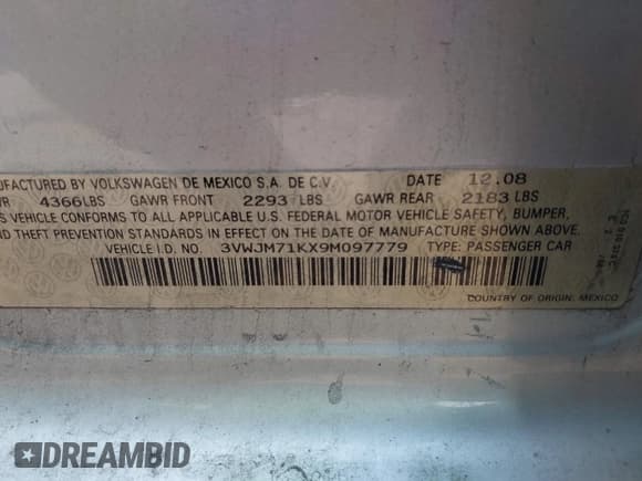 ✅ 2009 Volkswagen Jetta S • VIN: 3VWJM71KX9M097779 • Lot: 43749490. Listed on IAAI with 75,266 mi. Free auction sales archive from the USA and detailed vehicle history report at DreamBid. Image 9.