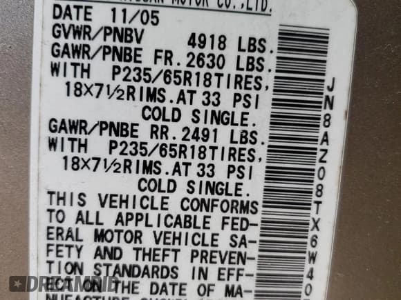 ✅ 2006 Nissan Murano S • VIN: JN8AZ08TX6W405821 • Lot: 51980445. Wystawiony na Copart z przebiegiem 194 972 mil. Bezpłatny archiwum sprzedaży aukcyjnych z USA i szczegółowy raport historii pojazdu na DreamBid. Zdjęcie 13.