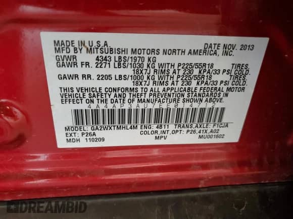 2014 Mitsubishi Outlander ES с VIN 4A4AP3AU7EE014712, выставлен на аукционе Copart как лот 68383285 с пробегом 224 606 миль миль и Списание • Salvage title. История ставок и продаж доступна на DreamBid. Изображение 13.