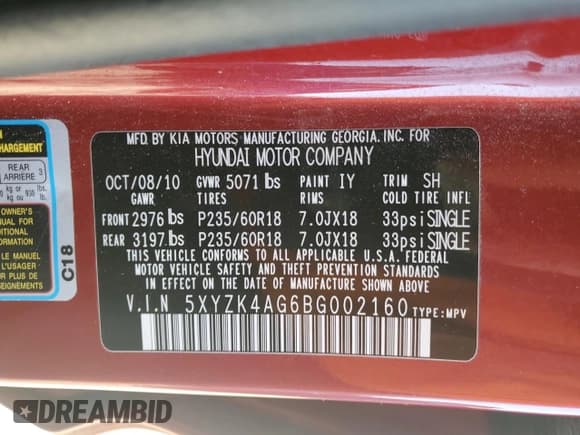 ✅ 2011 Hyundai Santa Fe Limited • VIN: 5XYZK4AG6BG002160 • Lot: 71487224. Listed on Copart with 132,030 mi. Free auction sales archive from the USA and detailed vehicle history report at DreamBid. Image 14.