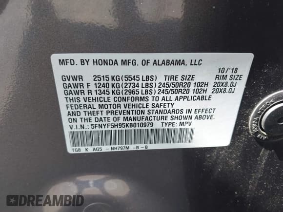 ✅ 2019 Honda Pilot Touring 8-Passenger • VIN: 5FNYF5H95KB010979 • Lot: 43285702. Listed on IAAI with 147,812 mi. Free auction sales archive from the USA and detailed vehicle history report at DreamBid. Image 9.