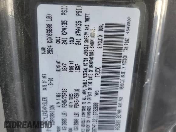 ✅ 2001 Dodge 1500 • VIN: 3B7HF13Z11G792688 • Лот: 87068424. Размещён на Copart с пробегом Не указан миль. Получите бесплатный доступ к архиву аукционных продаж из США и посмотрите подробный отчёт об истории автомобиля на DreamBid. Изображение 12.