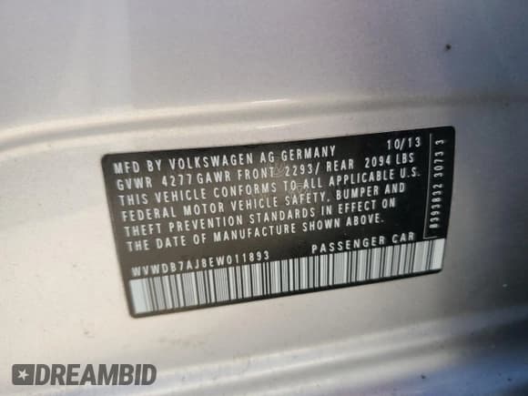 ✅ 2014 Volkswagen Golf • VIN: WVWDB7AJ8EW011893 • Lot: 69930454. Listed on Copart with 46,607 mi. Free auction sales archive from the USA and detailed vehicle history report at DreamBid. Image 14.