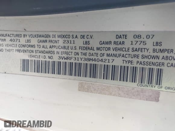 ✅ 2008 Volkswagen Beetle SE • VIN: 3VWRF31Y38M404217 • Lot: 43150540. Listed on IAAI with 111,196 mi. Free auction sales archive from the USA and detailed vehicle history report at DreamBid. Image 9.