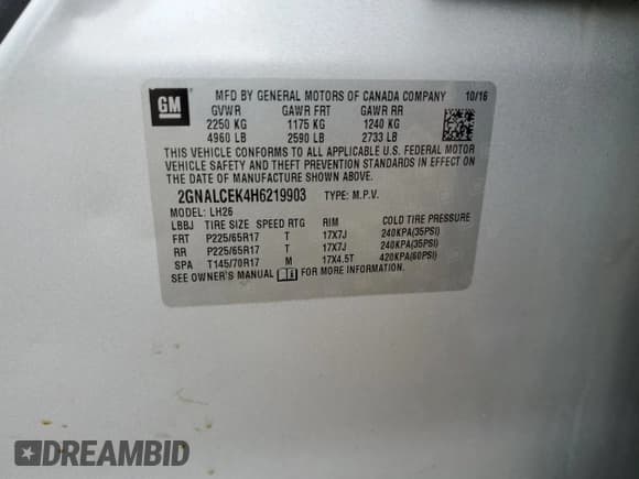 ✅ 2017 Chevrolet Equinox LT • VIN: 2GNALCEK4H6219903 • Lot: 58263285. Listed on Copart with 168,487 mi. Free auction sales archive from the USA and detailed vehicle history report at DreamBid. Image 13.