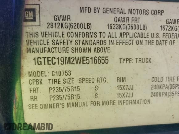 1998 GMC Sierra 1500 с VIN 1GTEC19M2WE516655, выставлен на аукционе IAAI как лот 43478069 с пробегом 291 486 миль миль и . История ставок и продаж доступна на DreamBid. Изображение 9.