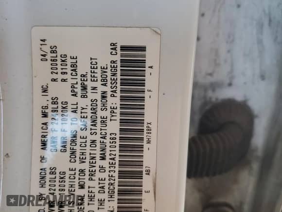 2014 Honda Accord LX with VIN 1HGCR2F33EA210563, listed as a Copart auction lot 69829455 with 156,016 mi miles and Salvage title. Bid and sale history available at DreamBid. Image 13.