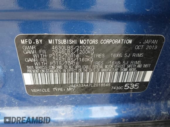 ✅ 2020 Mitsubishi Eclipse Cross ES • VIN: JA4AS3AA7LZ018545 • Lot: 43343753. Listed on IAAI with 57,295 mi. Free auction sales archive from the USA and detailed vehicle history report at DreamBid. Image 9.