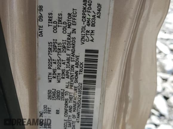 ✅ 1999 Toyota Tacoma • VIN: 4TAWN72N5XZ418522 • Lot: 51940615. Listed on Copart with 340,432 mi. Free auction sales archive from the USA and detailed vehicle history report at DreamBid. Image 13.