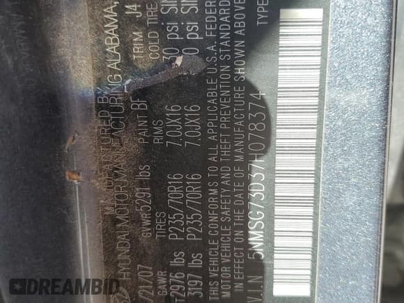 ✅ 2007 Hyundai Santa Fe GLS • VIN: 5NMSG73D37H078374 • Lot: 72561614. Listed on Copart with Not provided. Free auction sales archive from the USA and detailed vehicle history report at DreamBid. Image 14.