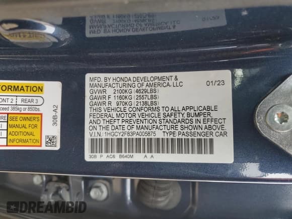 ✅ 2023 Honda Accord Touring • VIN: 1HGCY2F83PA005875 • Lot: 44521835. Listed on Copart with 16,866 mi. Free auction sales archive from the USA and detailed vehicle history report at DreamBid. Image 12.