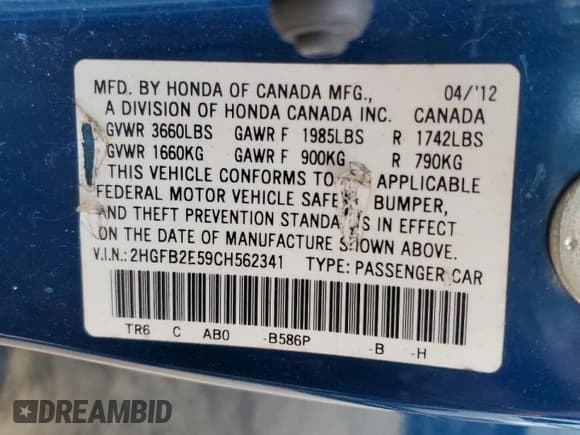 ✅ 2012 Honda Civic LX • VIN: 2HGFB2E59CH562341 • Lot: 71569335. Listed on Copart with 203,378 mi. Free auction sales archive from the USA and detailed vehicle history report at DreamBid. Image 13.