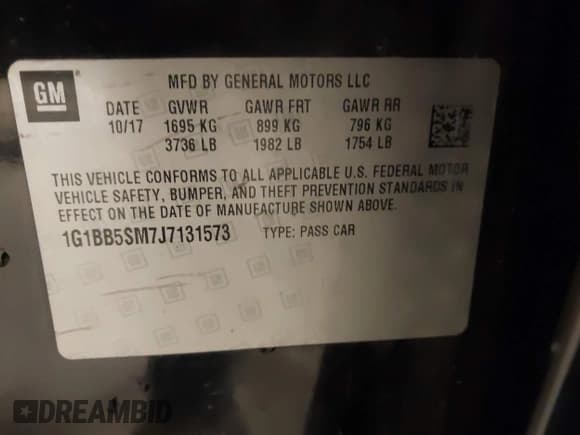 ✅ 2018 Chevrolet Cruze LS • VIN: 1G1BB5SM7J7131573 • Lot: 43507247. Listed on IAAI with 59,735 mi. Free auction sales archive from the USA and detailed vehicle history report at DreamBid. Image 9.