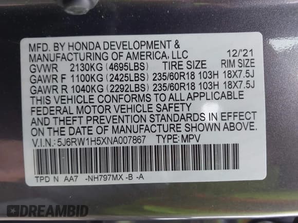 ✅ 2022 Honda CR-V EX • VIN: 5J6RW1H5XNA007867 • Lot: 43245876. Listed on IAAI with 23,013 mi. Free auction sales archive from the USA and detailed vehicle history report at DreamBid. Image 9.