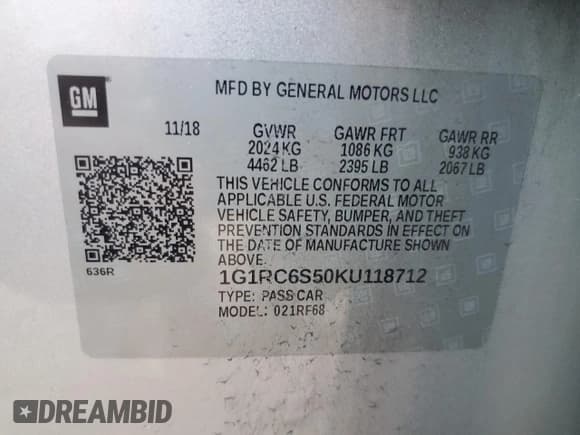 ✅ 2019 Chevrolet Volt LT • VIN: 1G1RC6S50KU118712 • Lot: 59237434. Listed on Copart with 59,577 mi. Free auction sales archive from the USA and detailed vehicle history report at DreamBid. Image 14.