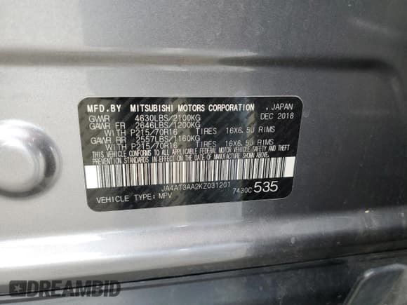 ✅ 2019 Mitsubishi Eclipse Cross ES • VIN: JA4AT3AA2KZ031201 • Lot: 57653265. Listed on Copart with 80,208 mi. Free auction sales archive from the USA and detailed vehicle history report at DreamBid. Image 13.