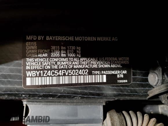 ✅ 2015 BMW i3 • VIN: WBY1Z4C54FV502402 • Lot: 43803475. Listed on Copart with 50,802 mi. Free auction sales archive from the USA and detailed vehicle history report at DreamBid. Image 13.