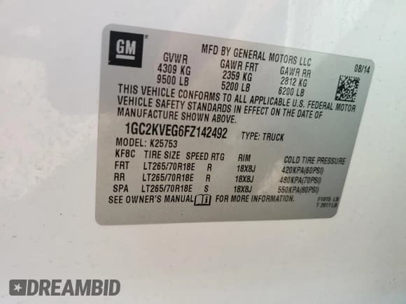 ✅ 2015 Chevrolet Silverado 2500HD LT • VIN: 1GC2KVEG6FZ142492 • Lot: 70559735. Wystawiony na Copart z przebiegiem 82 421 mil. Bezpłatny archiwum sprzedaży aukcyjnych z USA i szczegółowy raport historii pojazdu na DreamBid. Zdjęcie 12.