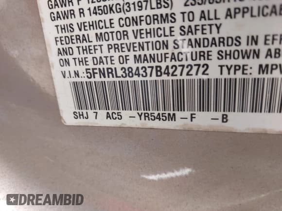 ✅ 2007 Honda Odyssey EX • VIN: 5FNRL38437B427272 • Lot: 43441106. Wystawiony na IAAI z przebiegiem 204 752 mil. Bezpłatny archiwum sprzedaży aukcyjnych z USA i szczegółowy raport historii pojazdu na DreamBid. Zdjęcie 9.