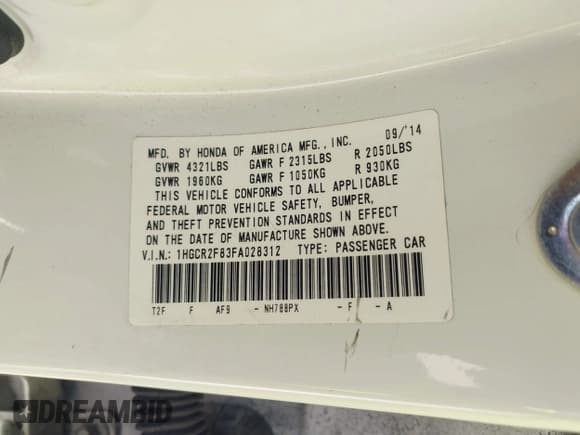 ✅ 2015 Honda Accord EX-L • VIN: 1HGCR2F83FA028312 • Lot: 43729956. Listed on IAAI with 88,947 mi. Free auction sales archive from the USA and detailed vehicle history report at DreamBid. Image 9.