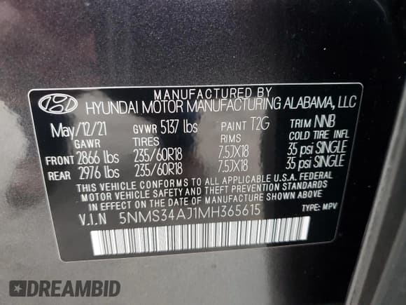 ✅ 2021 Hyundai Santa Fe SEL • VIN: 5NMS34AJ1MH365615 • Лот: 91649425. Опубликован ранее на Copart с пробегом 51 951 миль. Бесплатный доступ к архиву аукционных продаж из США и подробный отчёт об истории автомобиля на DreamBid. Изображение 13.