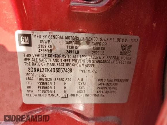 ✅ 2013 Chevrolet Captiva Sport LT • VIN: 3GNAL3EK4DS557488 • Lot: 57705235. Wystawiony na Copart z przebiegiem 116 953 mil. Bezpłatny archiwum sprzedaży aukcyjnych z USA i szczegółowy raport historii pojazdu na DreamBid. Zdjęcie 13.