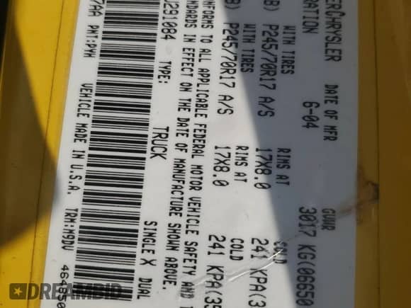 2004 Dodge 1500 SLT z VIN 1D7HU18D14J291084, wystawiony jako Copart lot #66081264 z przebiegiem 206 919 mil mil oraz Nie do naprawy • Non repairable. Historia ofert i sprzedaży dostępna na DreamBid. Obrazek 12.