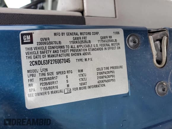 ✅ 2007 Chevrolet Equinox LT • VIN: 2CNDL63F276067045 • Лот: 60223685. Опубликован ранее на Copart с пробегом 206 663 миль. Бесплатный доступ к архиву аукционных продаж из США и подробный отчёт об истории автомобиля на DreamBid. Изображение 13.