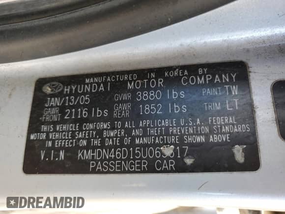 2005 Hyundai Elantra GLS z VIN KMHDN46D15U065617, wystawiony jako Copart lot #80891964 z przebiegiem 187 401 mil mil oraz Szkoda całkowita • Salvage title. Historia ofert i sprzedaży dostępna na DreamBid. Obrazek 14.
