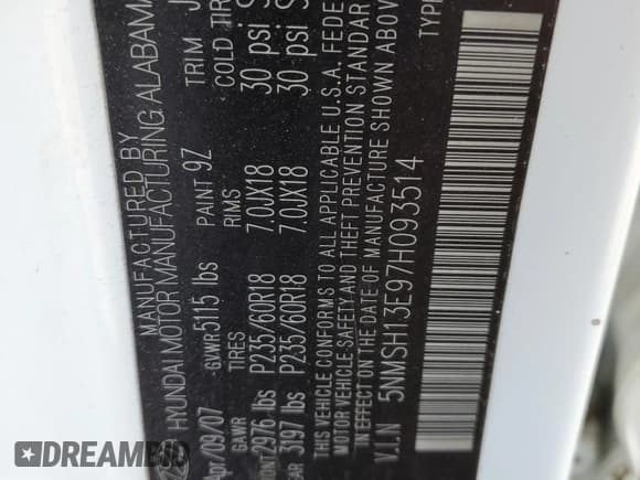 ✅ 2007 Hyundai Santa Fe SE • VIN: 5NMSH13E97H093514 • Lot: 72078714. Listed on Copart with 172,915 mi. Free auction sales archive from the USA and detailed vehicle history report at DreamBid. Image 15.